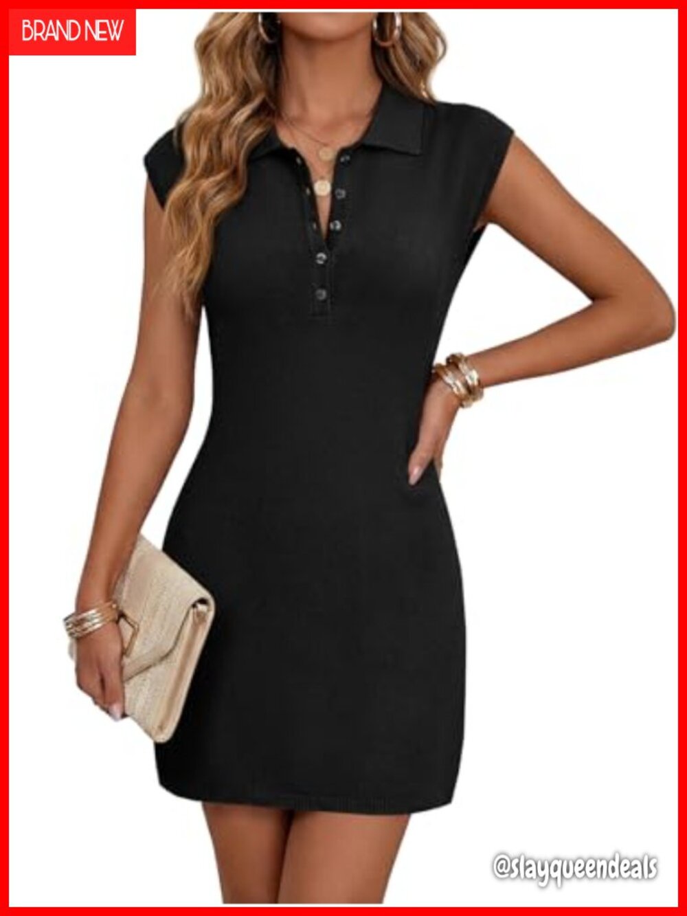 Saodimallsu Womens Sleeveless Mini Dress Polo Collared Button V Neck Knit